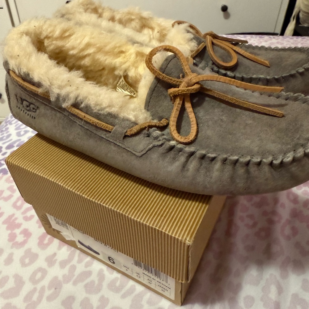 UGG Tan and Cream Suede Moccasin Slippers